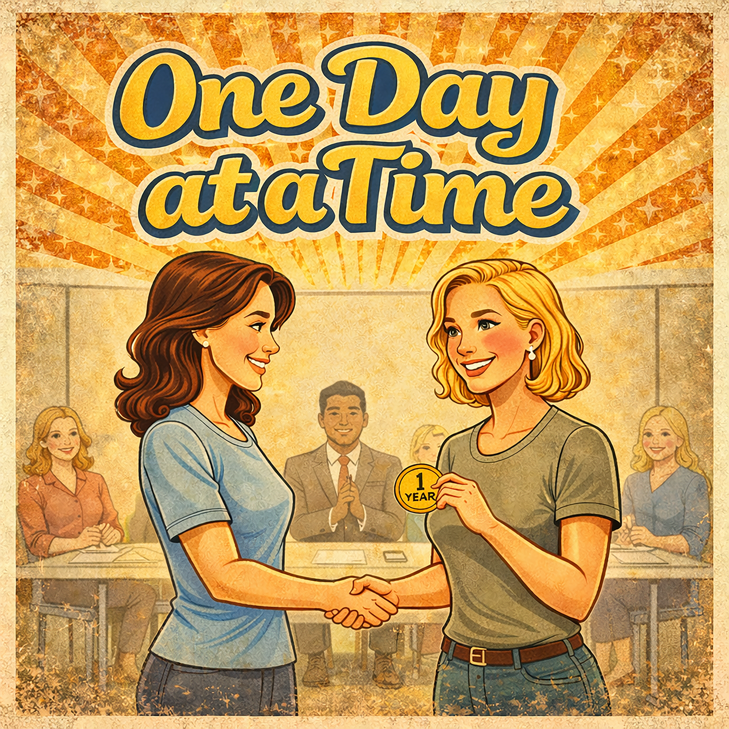 Vintage inspired one day at a time recovery coffee mug design featuring two women celebrating a 1 year sobriety milestone with supportive recovery group background.