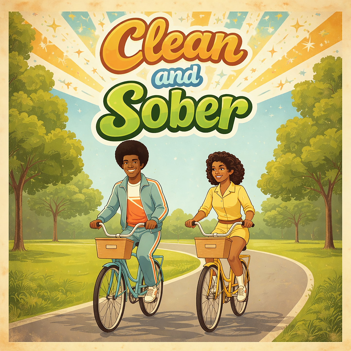 Vintage 1970s style clean and sober coffee mug design featuring a smiling couple riding bicycles through a sunny park with retro typography and colorful sunburst background.