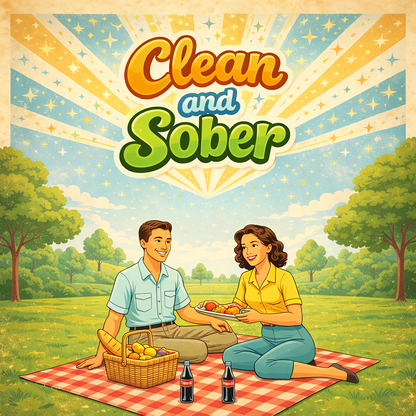 Vintage inspired clean and sober coffee mug design featuring a happy couple enjoying a picnic in a sunny park with retro 70s typography and colorful rays in the background.