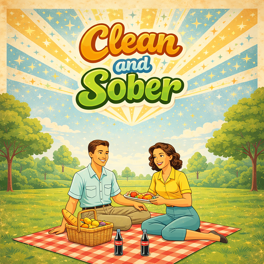 Vintage inspired clean and sober coffee mug design featuring a happy couple enjoying a picnic in a sunny park with retro 70s typography and colorful rays in the background.