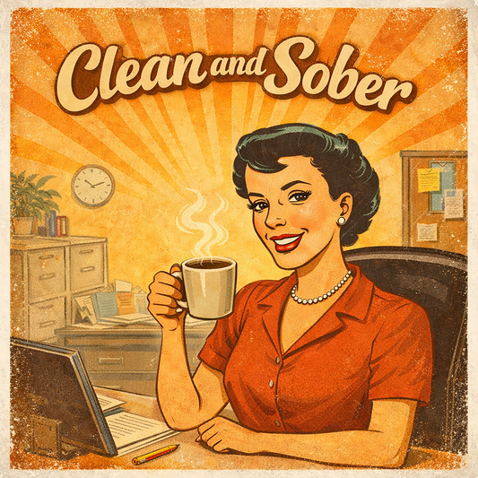 Vintage 1950s style clean and sober coffee mug design featuring a smiling retro office woman holding a steaming coffee mug with warm sunburst background and distressed vintage textures.