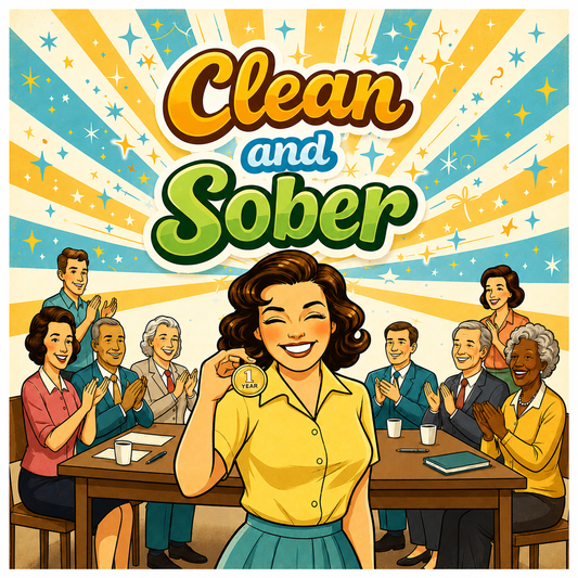 Retro 70s-style Clean and Sober illustration featuring a smiling woman holding a one-year sobriety medallion while surrounded by applauding friends beneath colorful vintage sunburst graphics.