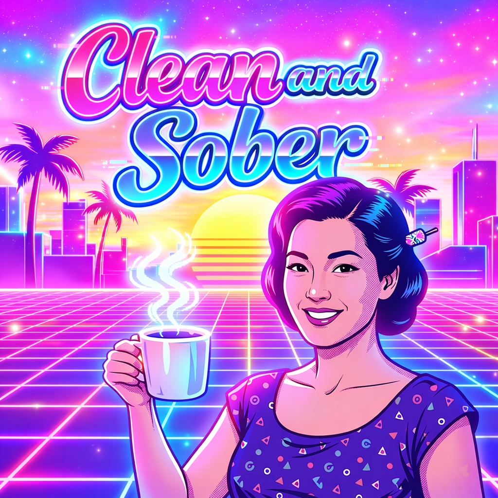 Retro neon clean and sober coffee mug design featuring synthwave sunset colors, vaporwave city skyline, glowing grid background, and woman holding a coffee mug.