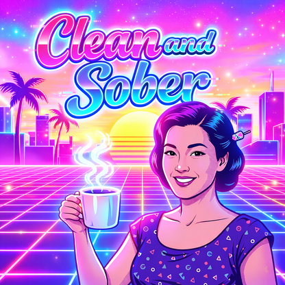 Retro neon clean and sober coffee mug design featuring synthwave sunset colors, vaporwave city skyline, glowing grid background, and woman holding a coffee mug.
