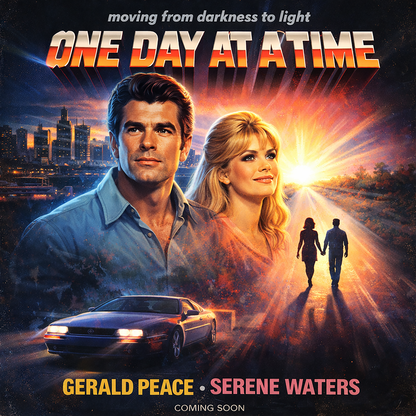 Retro movie poster style sobriety coffee mug design featuring a couple, glowing sunrise, city skyline, and “One Day at a Time” recovery message with inspirational cinematic artwork.
