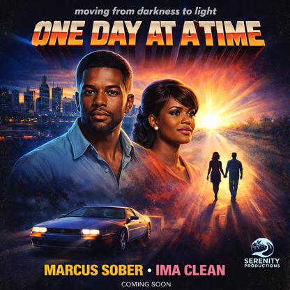 Inspirational sobriety coffee mug design featuring a cinematic movie poster style scene with two people, glowing sunrise imagery, and “One Day at a Time” recovery message.