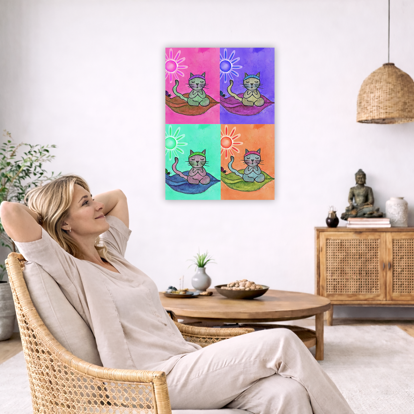 Meditating Cat Color Grid – Vibrant Mindfulness Cat Art Print