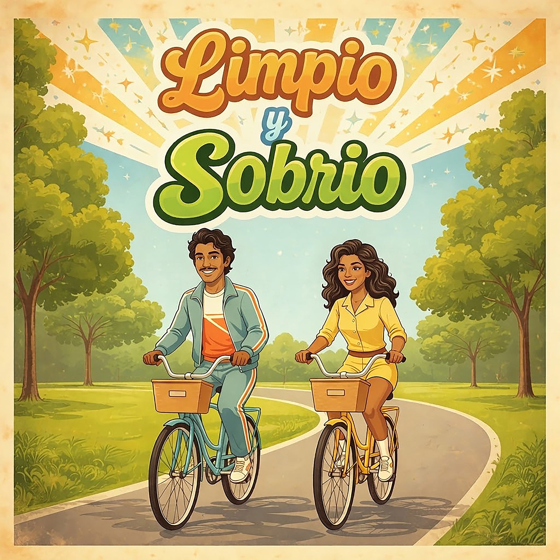 Miniatura de una Diseño retro en español para taza de café con pareja feliz andando en bicicleta en un parque y texto “Limpio y Sobrio”, inspirado en la recuperación, vida saludable y sobriedad positiva.
