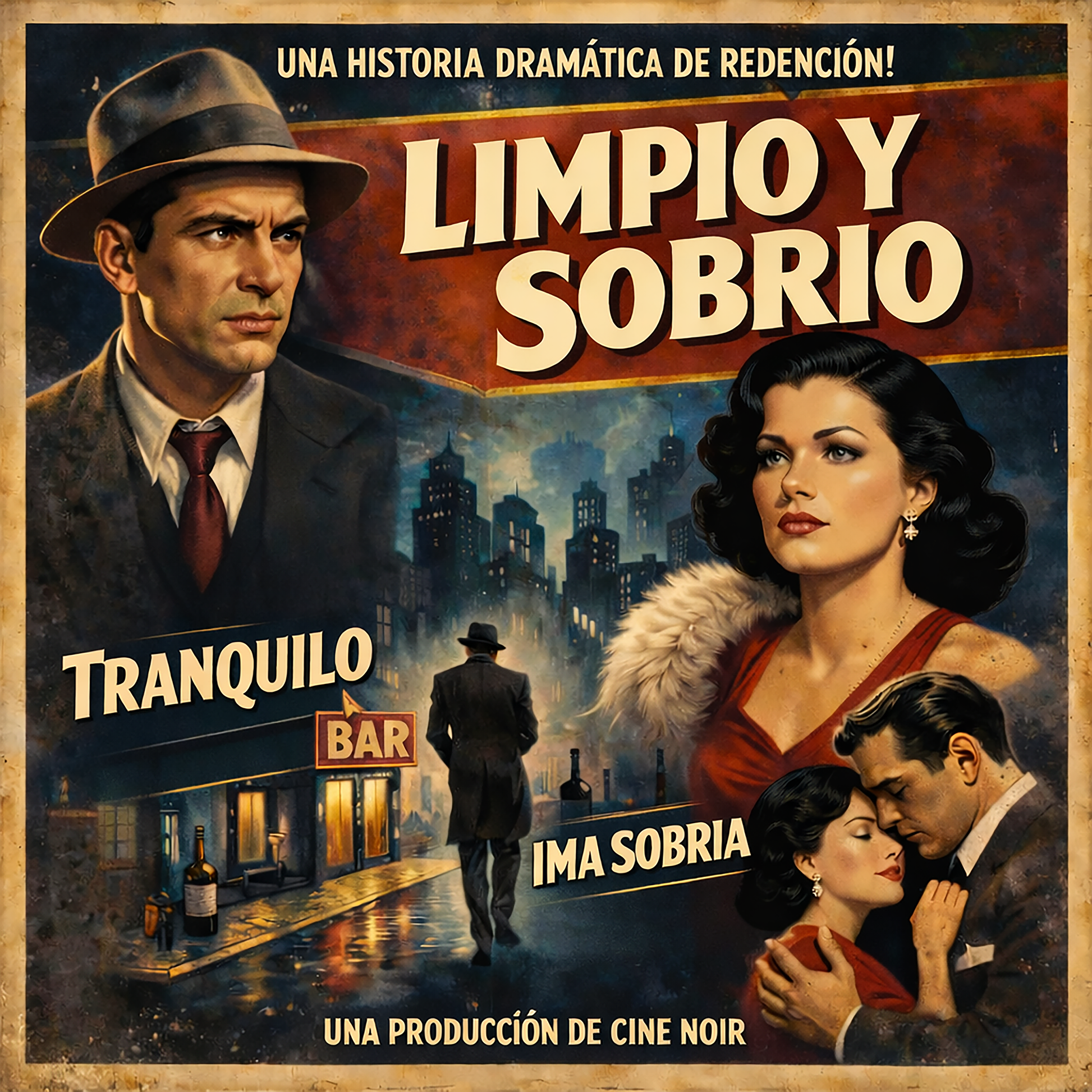 Miniatura de una Diseño retro estilo cine noir en español para taza de café con texto “Limpio y Sobrio”, personajes clásicos, escena urbana nocturna y temática de recuperación y vida sin alcohol.