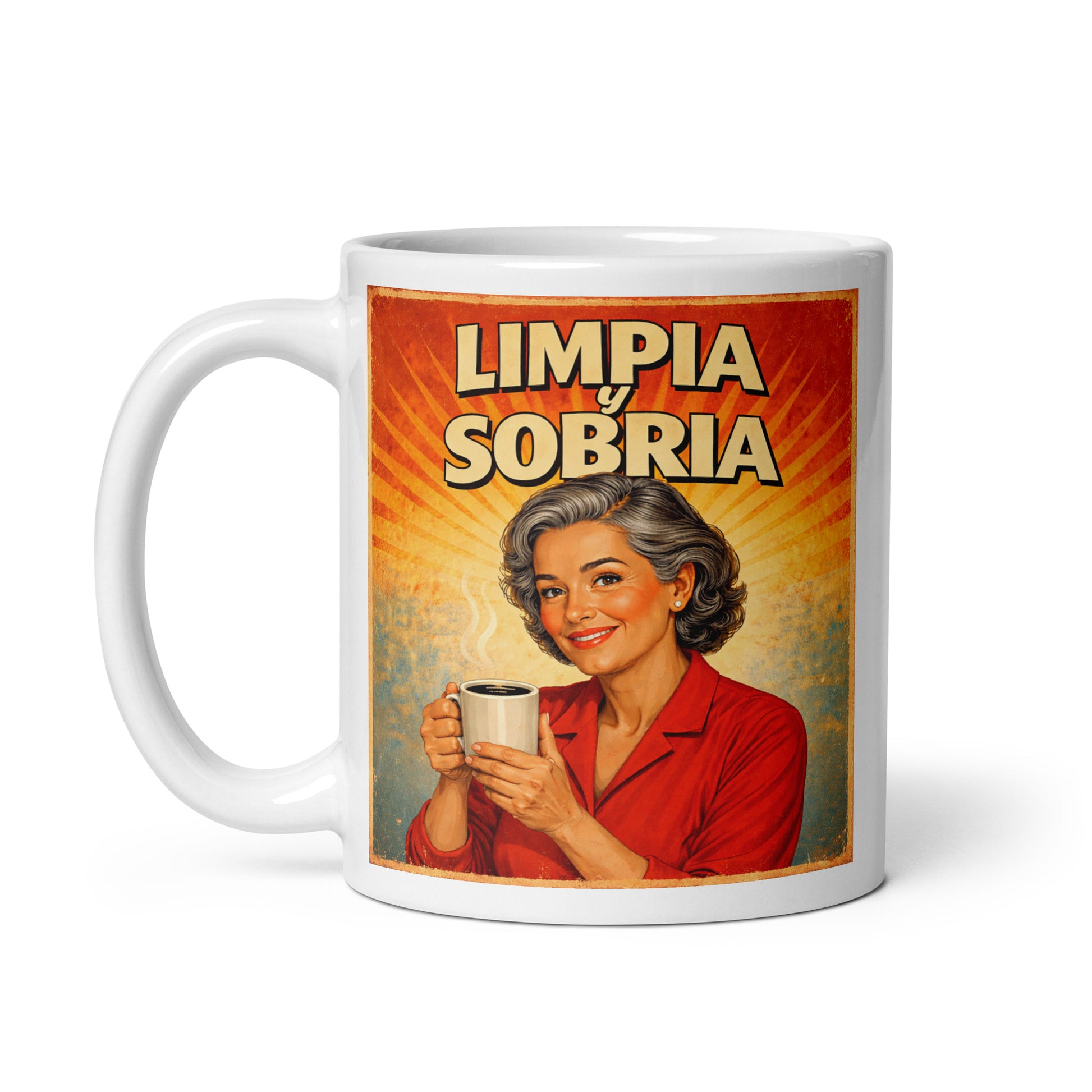 Colorido y animado Diseño retro en español para taza de café con mujer sonriente sosteniendo una taza y texto “Limpia y Sobria”, inspirado en la recuperación y una vida positiva sin alcohol.