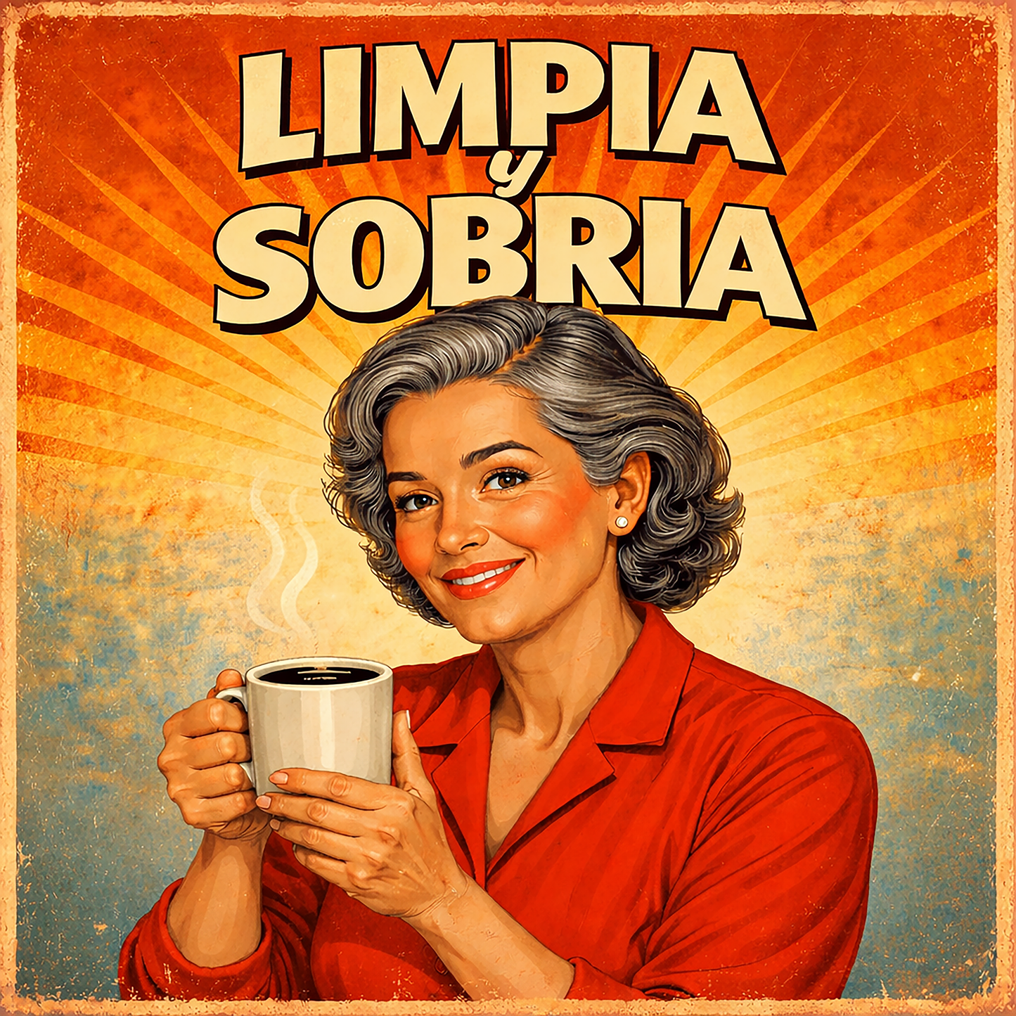 Miniatura de una Diseño retro en español para taza de café con mujer sonriente sosteniendo una taza y texto “Limpia y Sobria”, inspirado en la recuperación y una vida positiva sin alcohol.