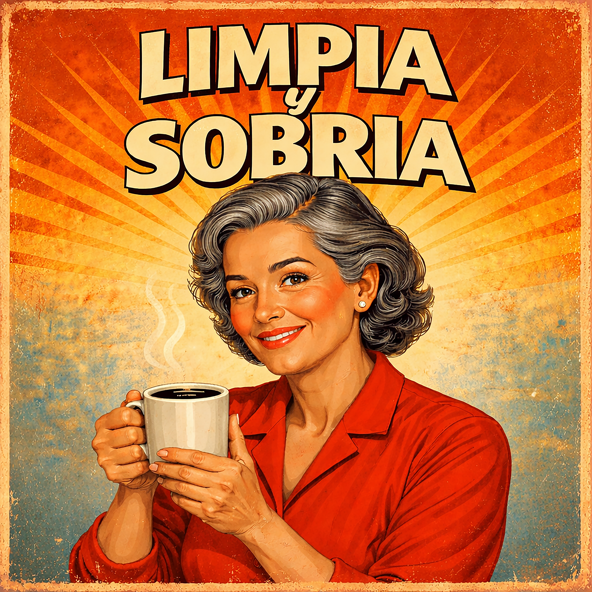 Miniatura de una Diseño retro en español para taza de café con mujer sonriente sosteniendo una taza y texto “Limpia y Sobria”, inspirado en la recuperación y una vida positiva sin alcohol.
