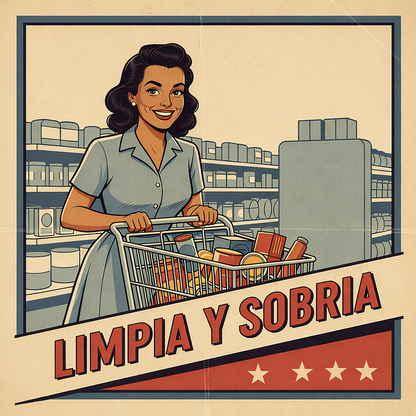 Miniatura de una Diseño retro en español para taza de café con mujer sonriente empujando un carrito de compras y texto “Limpia y Sobria”, inspirado en la recuperación y la vida positiva sin alcohol.