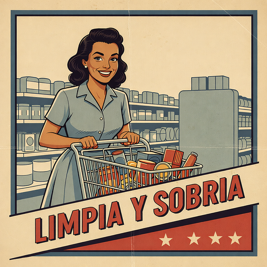 Miniatura de una Diseño retro en español para taza de café con mujer sonriente empujando un carrito de compras y texto “Limpia y Sobria”, inspirado en la recuperación y la vida positiva sin alcohol.