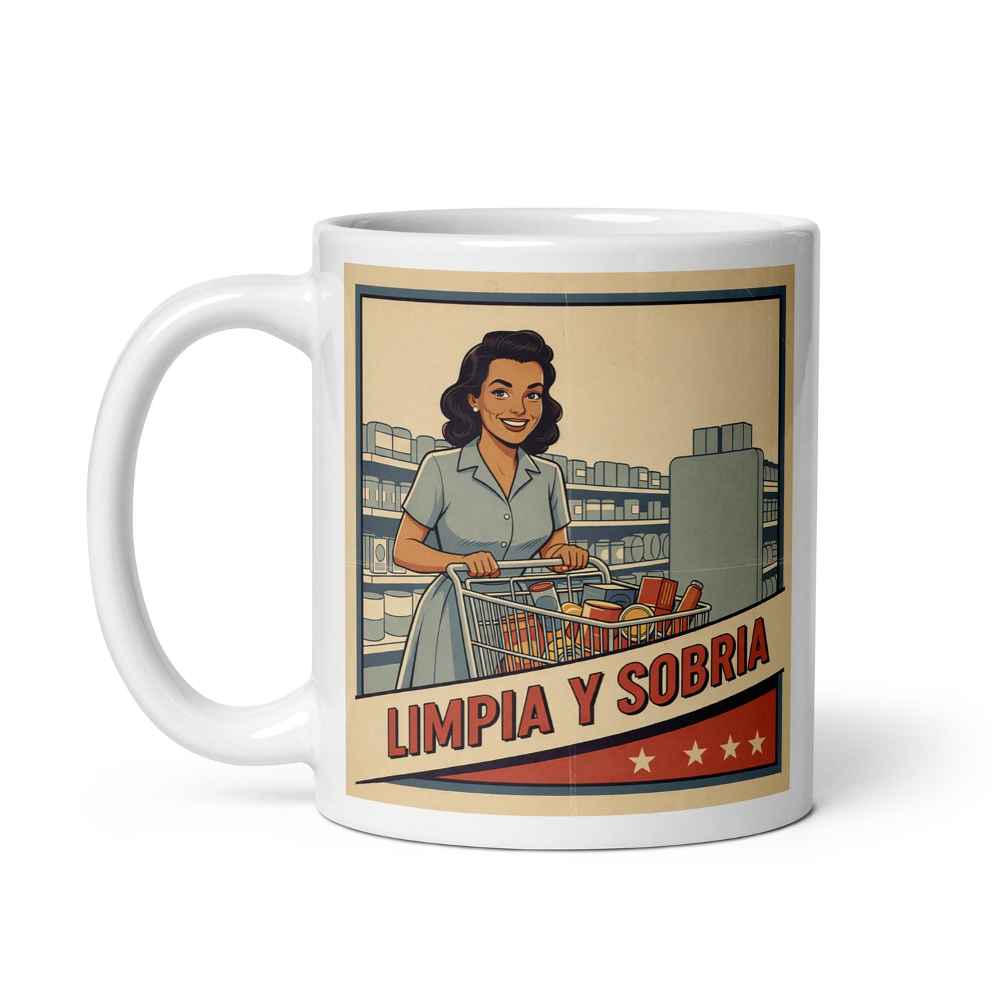 Colorido y animado Diseño retro en español para taza de café con mujer sonriente empujando un carrito de compras y texto “Limpia y Sobria”, inspirado en la recuperación y la vida positiva sin alcohol.