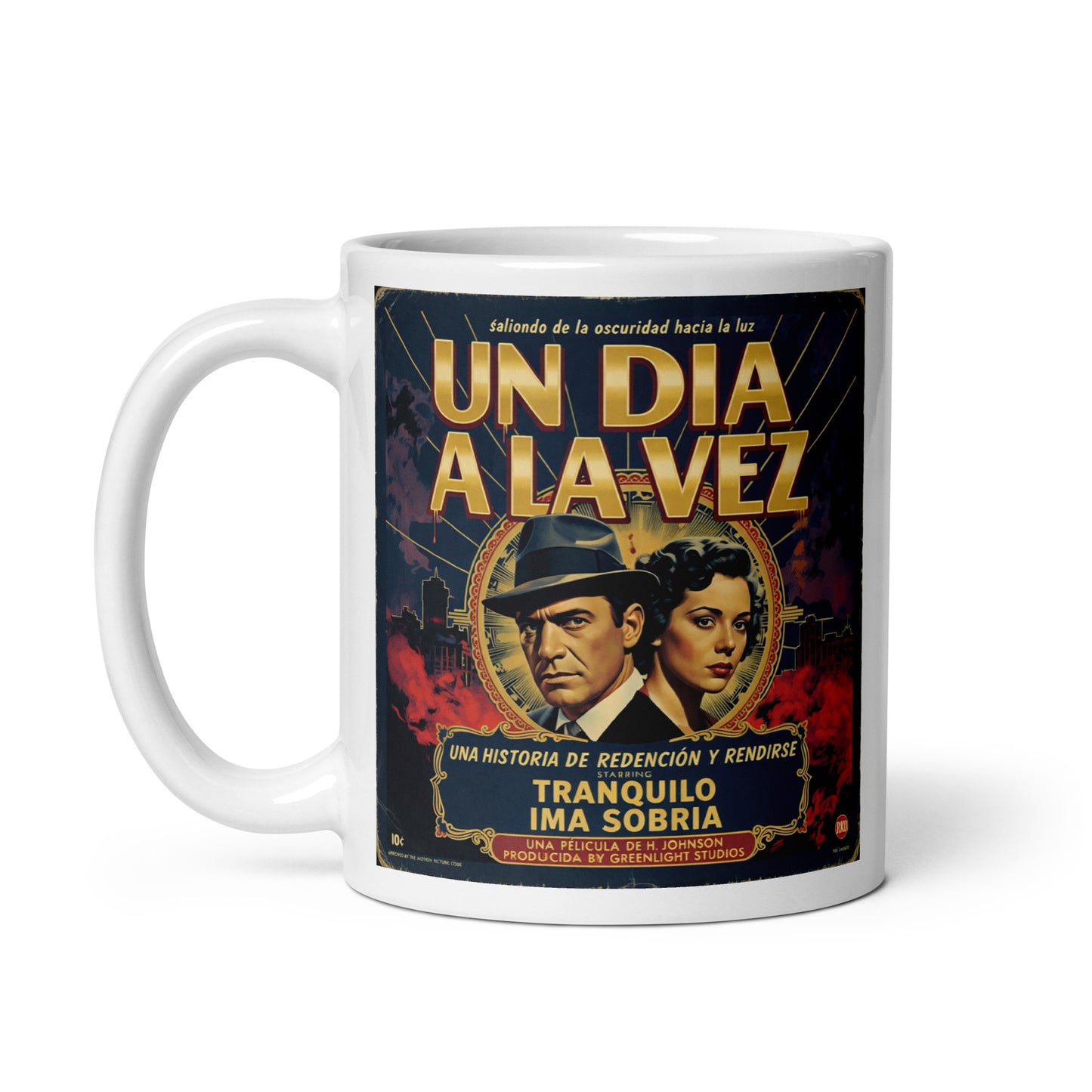 Colorido y animado Diseño retro estilo cine noir en español para taza de café con texto “Limpio y Sobrio”, personajes clásicos, escena urbana nocturna y temática de recuperación y vida sin alcohol.