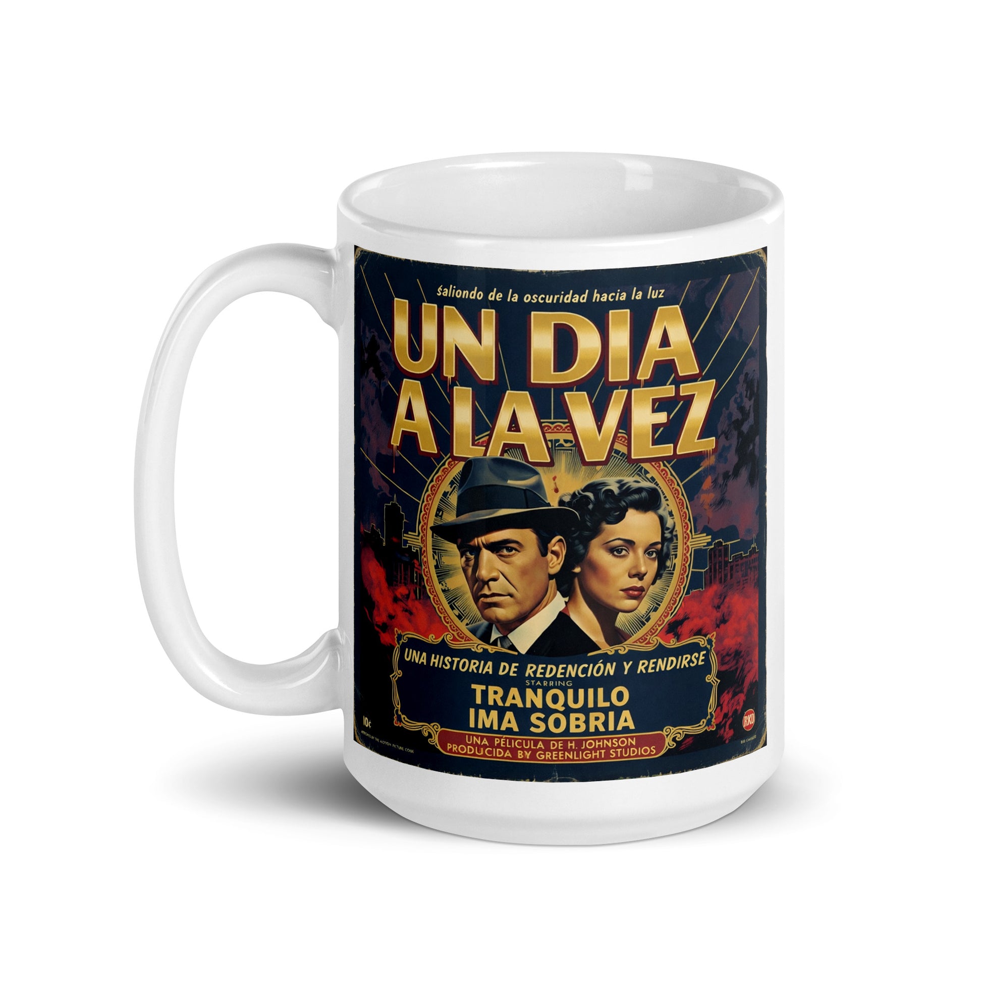 Diseño retro estilo cine noir en español para taza de café con texto “Limpio y Sobrio”, personajes clásicos, escena urbana nocturna y temática de recuperación y vida sin alcohol.
