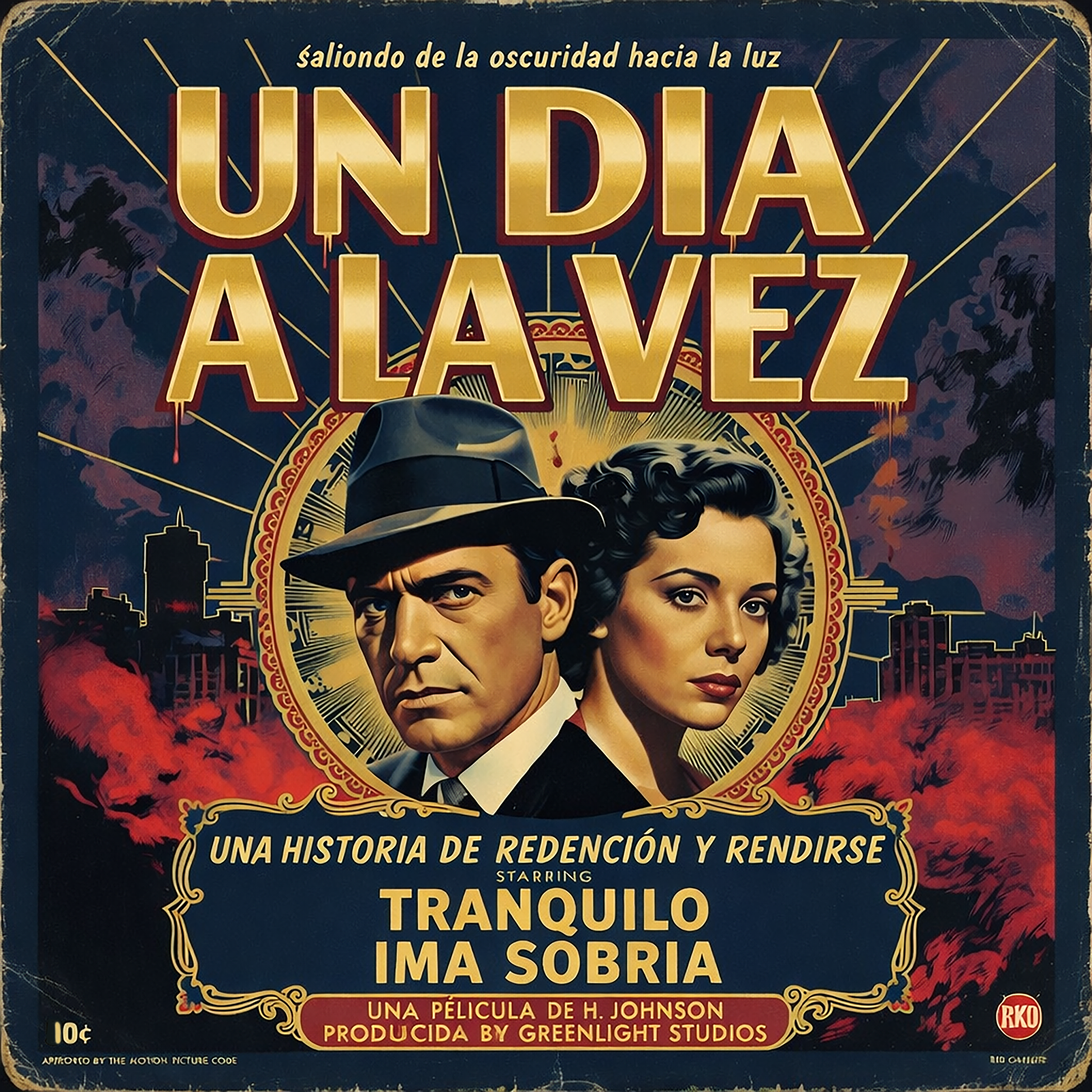 Miniatura de una Diseño retro estilo cine noir en español para taza de café con texto “Limpio y Sobrio”, personajes clásicos, escena urbana nocturna y temática de recuperación y vida sin alcohol.