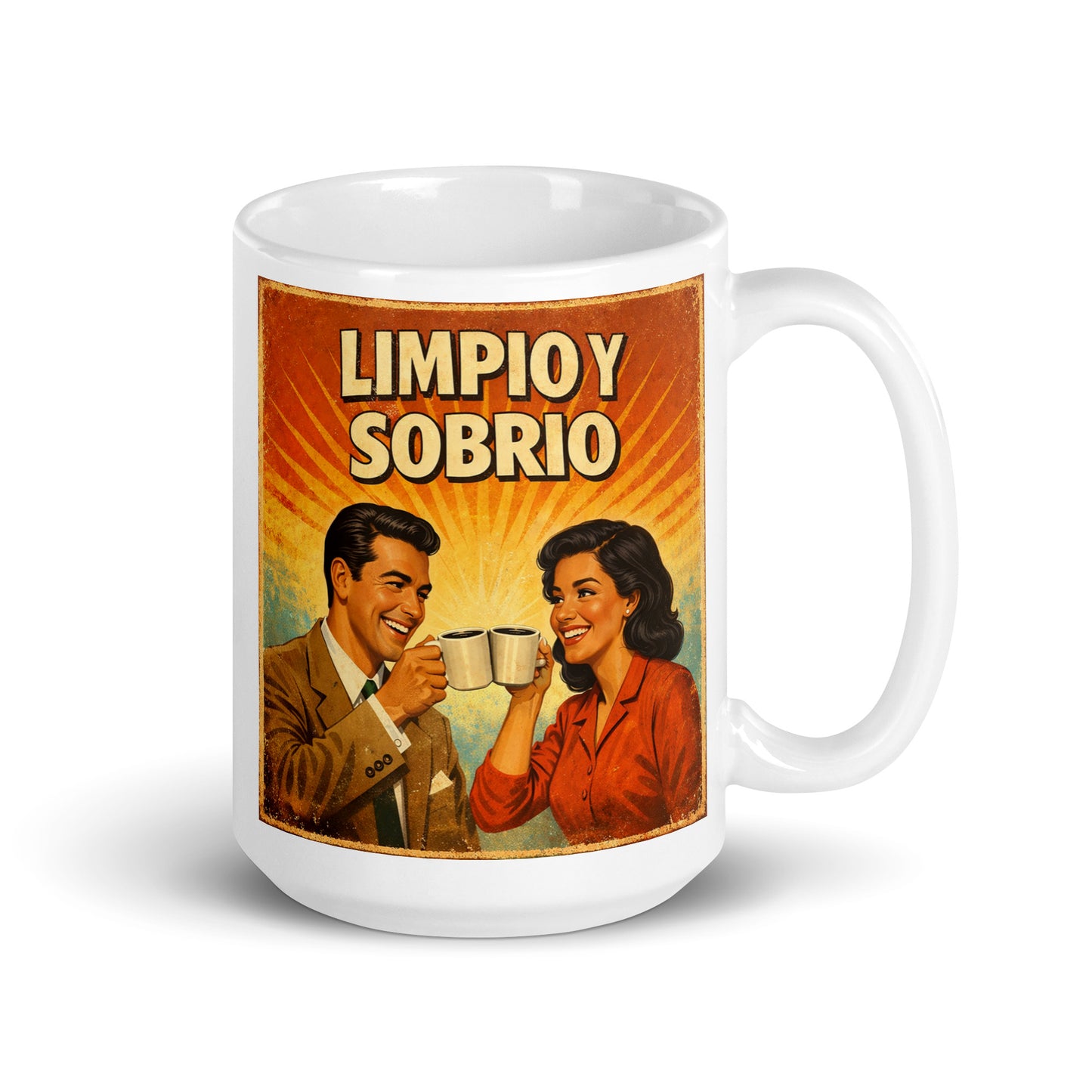 Feliz y alegre Diseño retro en español para taza de café con pareja brindando con café y texto “Limpio y Sobrio”, inspirado en la recuperación, la felicidad y una vida positiva sin alcohol.