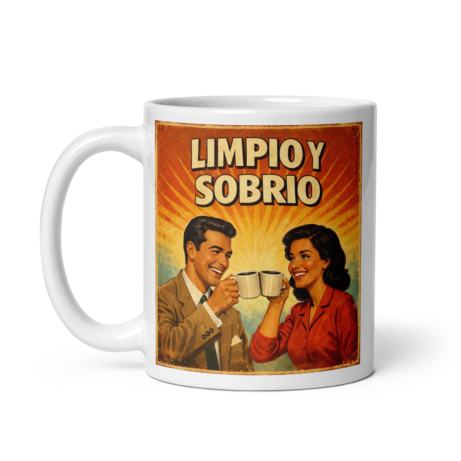 Colorido y animado Diseño retro en español para taza de café con pareja brindando con café y texto “Limpio y Sobrio”, inspirado en la recuperación, la felicidad y una vida positiva sin alcohol.