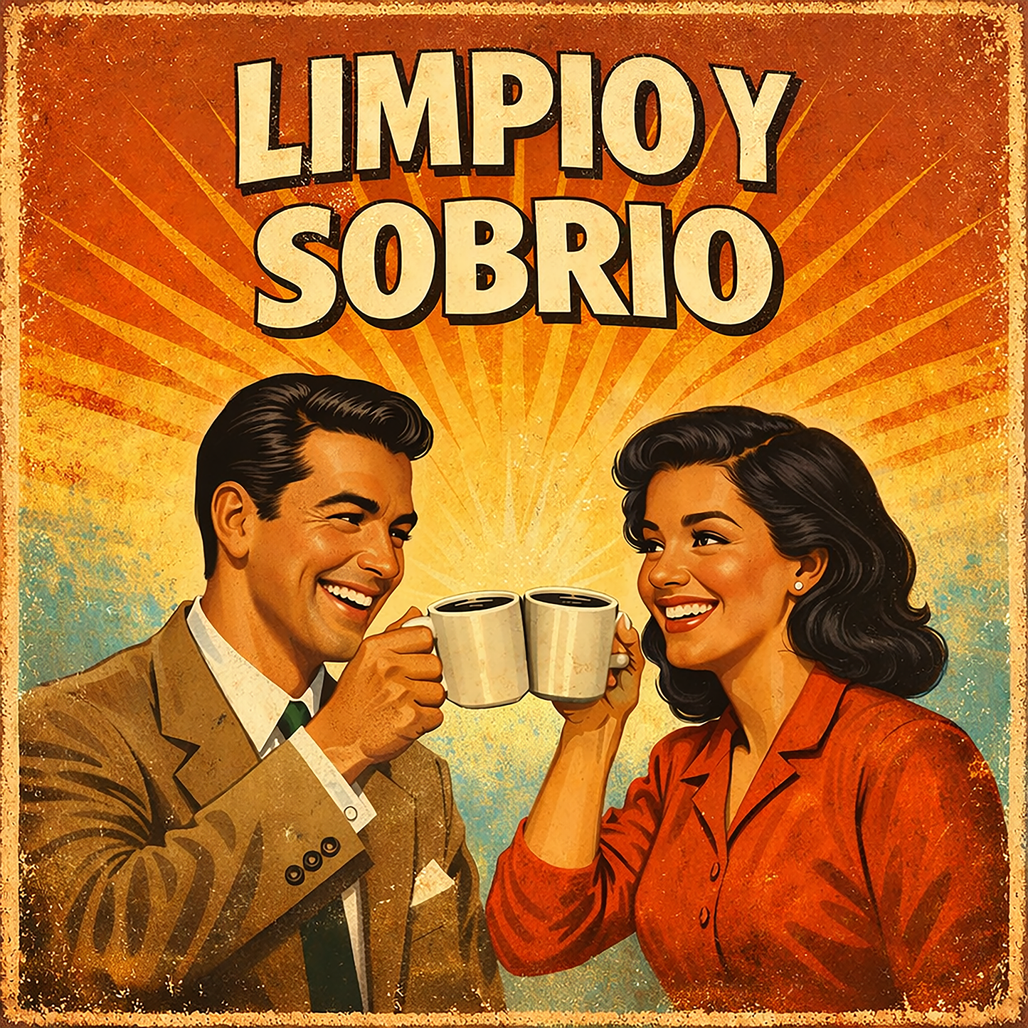 Miniatura de una Diseño retro en español para taza de café con pareja brindando con café y texto “Limpio y Sobrio”, inspirado en la recuperación, la felicidad y una vida positiva sin alcohol.