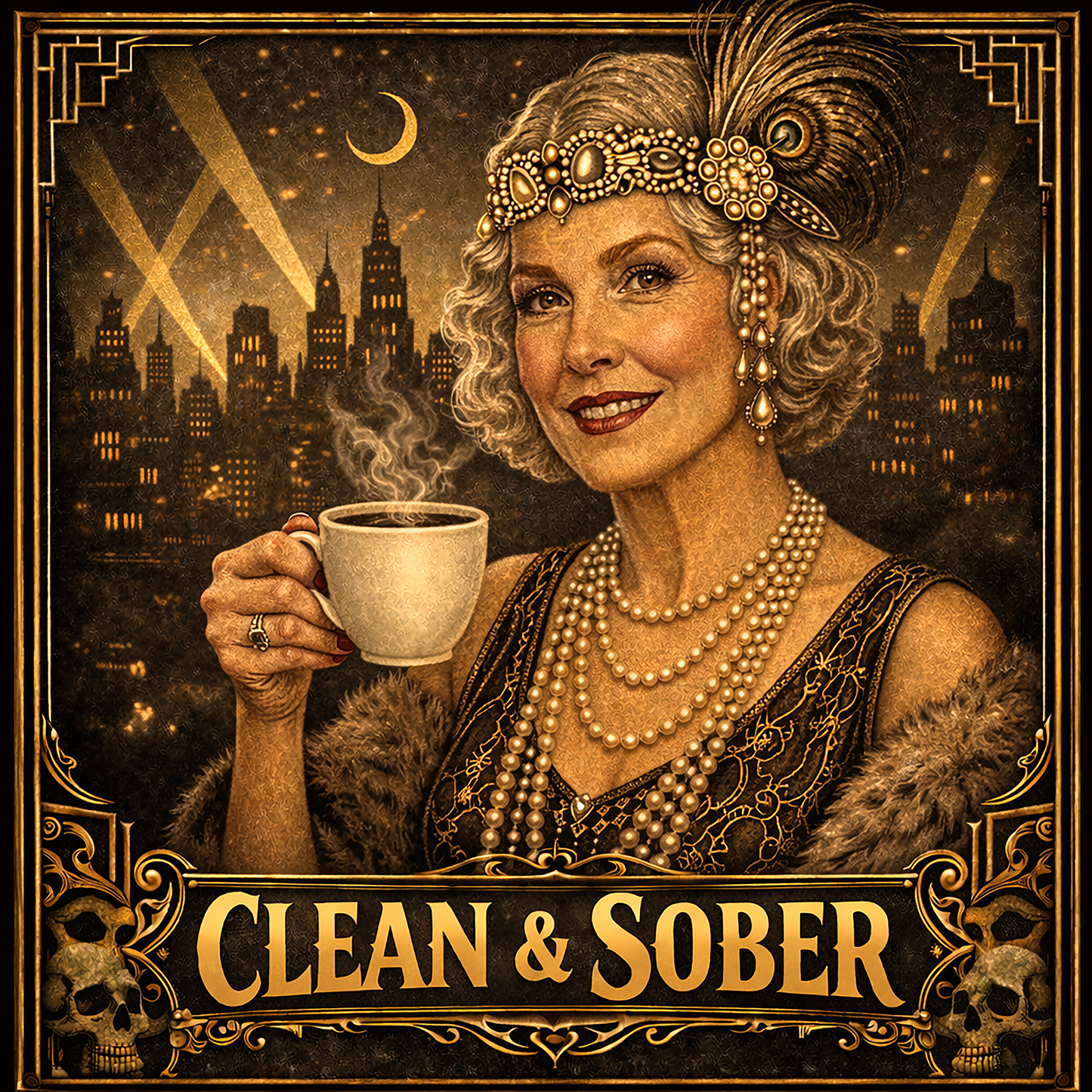 Thumbnail of a Art Deco style coffee mug featuring a glamorous silver-haired older woman in 1920s flapper attire with pearls, feather headband and fur stole holding a steaming coffee cup against a moonlit city skyline with gold "Clean & Sober" lettering