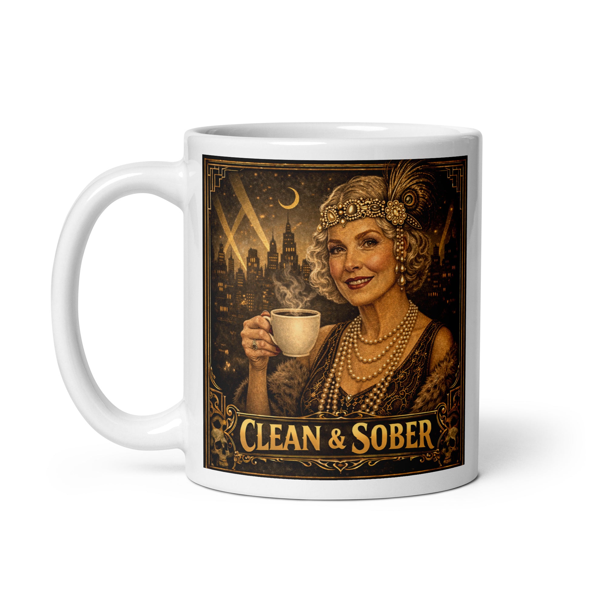 Beautiful and striking Art Deco style coffee mug featuring a glamorous silver-haired older woman in 1920s flapper attire with pearls, feather headband and fur stole holding a steaming coffee cup against a moonlit city skyline with gold "Clean & Sober" lettering