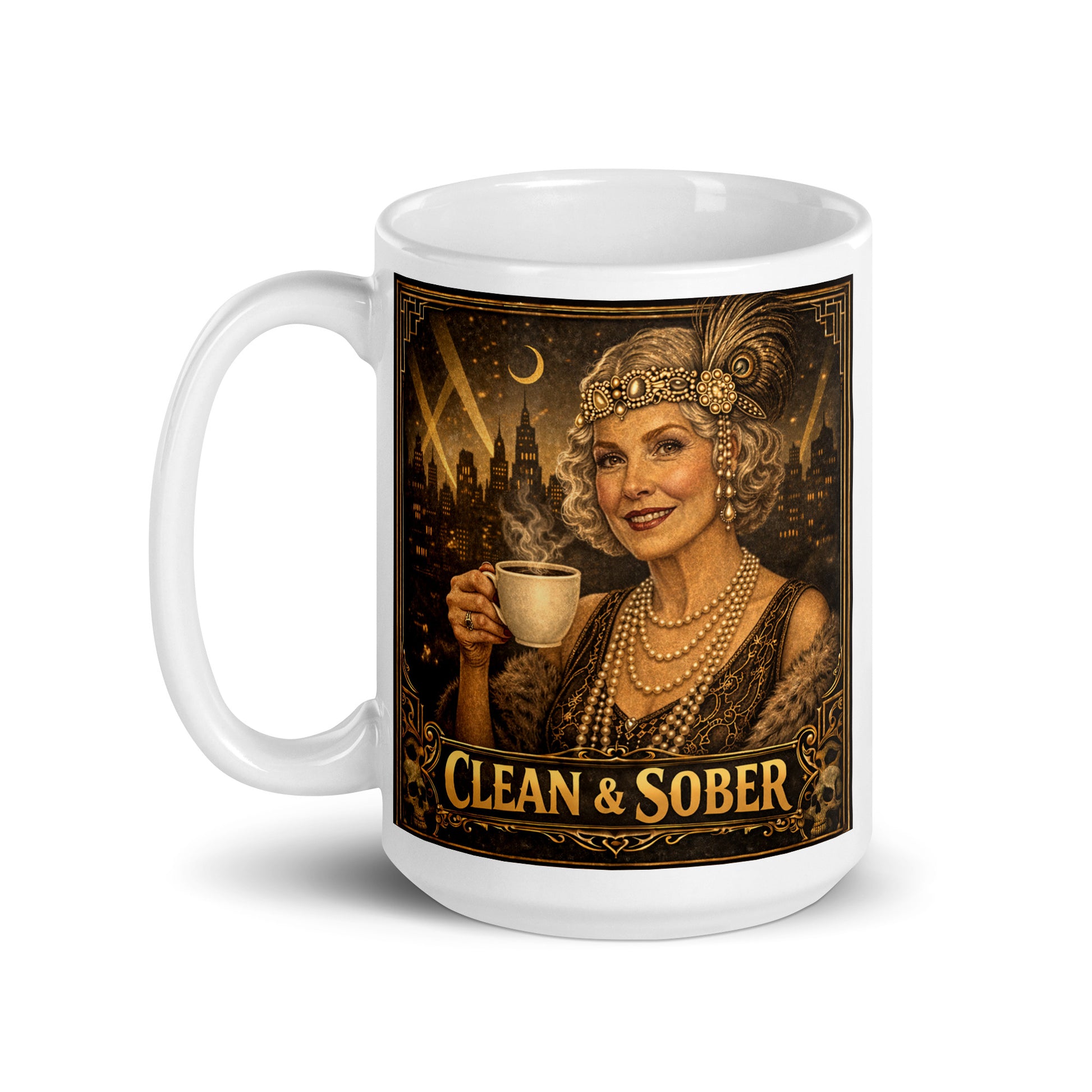 Lovely and captivating Art Deco style coffee mug featuring a glamorous silver-haired older woman in 1920s flapper attire with pearls, feather headband and fur stole holding a steaming coffee cup against a moonlit city skyline with gold "Clean & Sober" lettering
