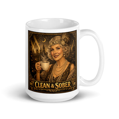 Colorful and lively Art Deco style coffee mug featuring a glamorous silver-haired older woman in 1920s flapper attire with pearls, feather headband and fur stole holding a steaming coffee cup against a moonlit city skyline with gold "Clean & Sober" lettering