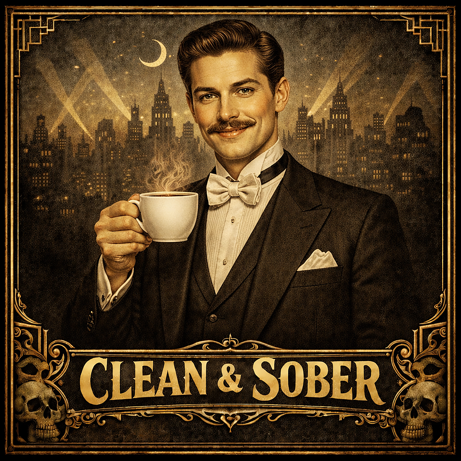 Thumbnail of a Art Deco style coffee mug featuring a smiling young man with a handlebar moustache in a tuxedo and bow tie holding a steaming coffee cup against a moonlit jazz-age city skyline with gold "Clean & Sober" lettering and skull corner details