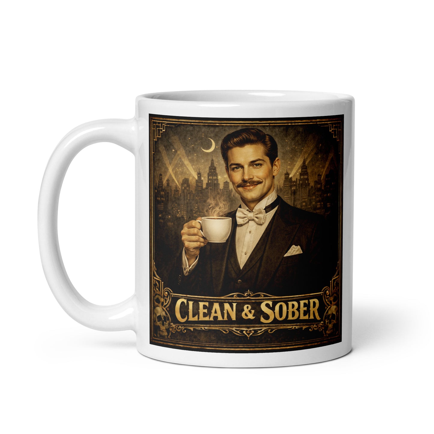 Lovely and intriguing Art Deco style coffee mug featuring a smiling young man with a handlebar moustache in a tuxedo and bow tie holding a steaming coffee cup against a moonlit jazz-age city skyline with gold "Clean & Sober" lettering and skull corner details