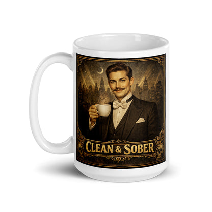 Art Deco style coffee mug featuring a smiling young man with a handlebar moustache in a tuxedo and bow tie holding a steaming coffee cup against a moonlit jazz-age city skyline with gold "Clean & Sober" lettering and skull corner details
