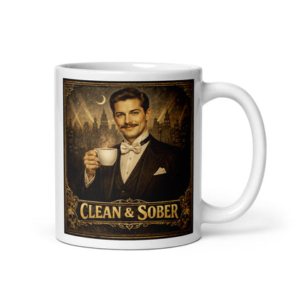 Colorful and lively Art Deco style coffee mug featuring a smiling young man with a handlebar moustache in a tuxedo and bow tie holding a steaming coffee cup against a moonlit jazz-age city skyline with gold "Clean & Sober" lettering and skull corner details