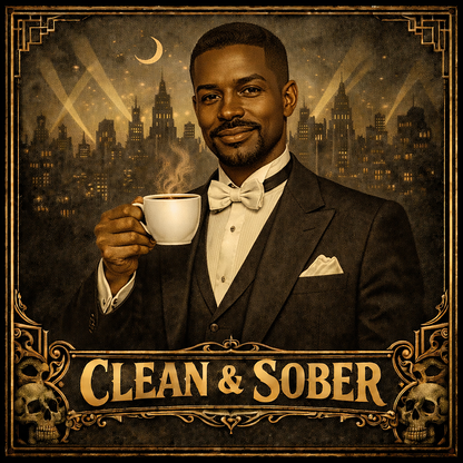 Thumbnail of a Art Deco style coffee mug featuring a well-dressed Black man in a tuxedo and bow tie holding a steaming coffee cup against a moonlit jazz-age city skyline with gold "Clean & Sober" lettering and skull corner details