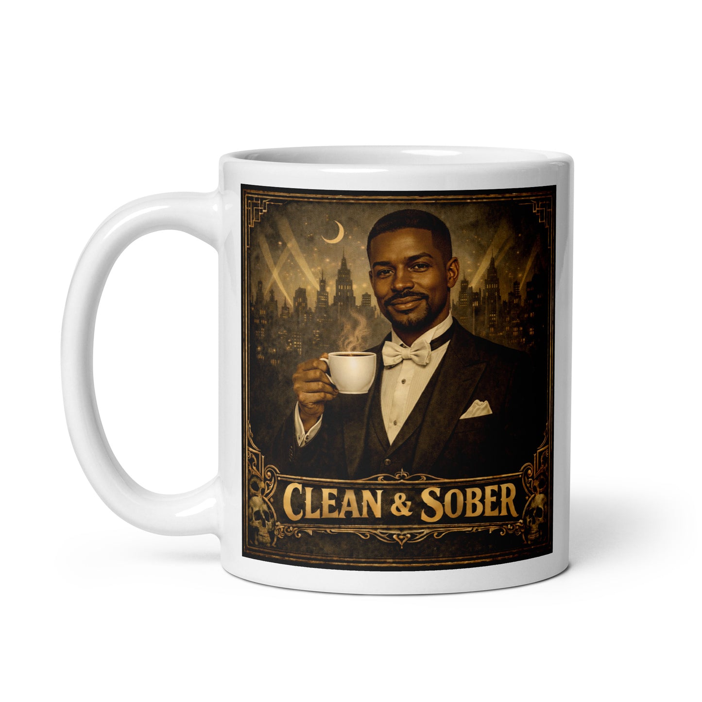 Beautiful and striking Art Deco style coffee mug featuring a well-dressed Black man in a tuxedo and bow tie holding a steaming coffee cup against a moonlit jazz-age city skyline with gold "Clean & Sober" lettering and skull corner details
