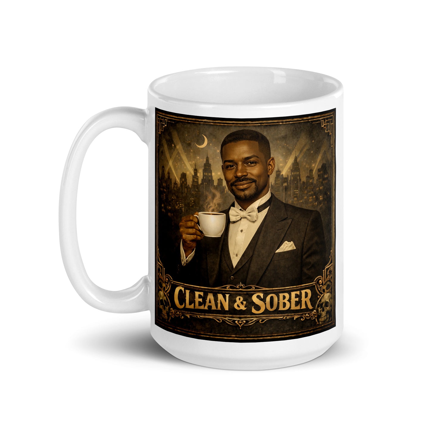 Emotional and stirring Art Deco style coffee mug featuring a well-dressed Black man in a tuxedo and bow tie holding a steaming coffee cup against a moonlit jazz-age city skyline with gold "Clean & Sober" lettering and skull corner details