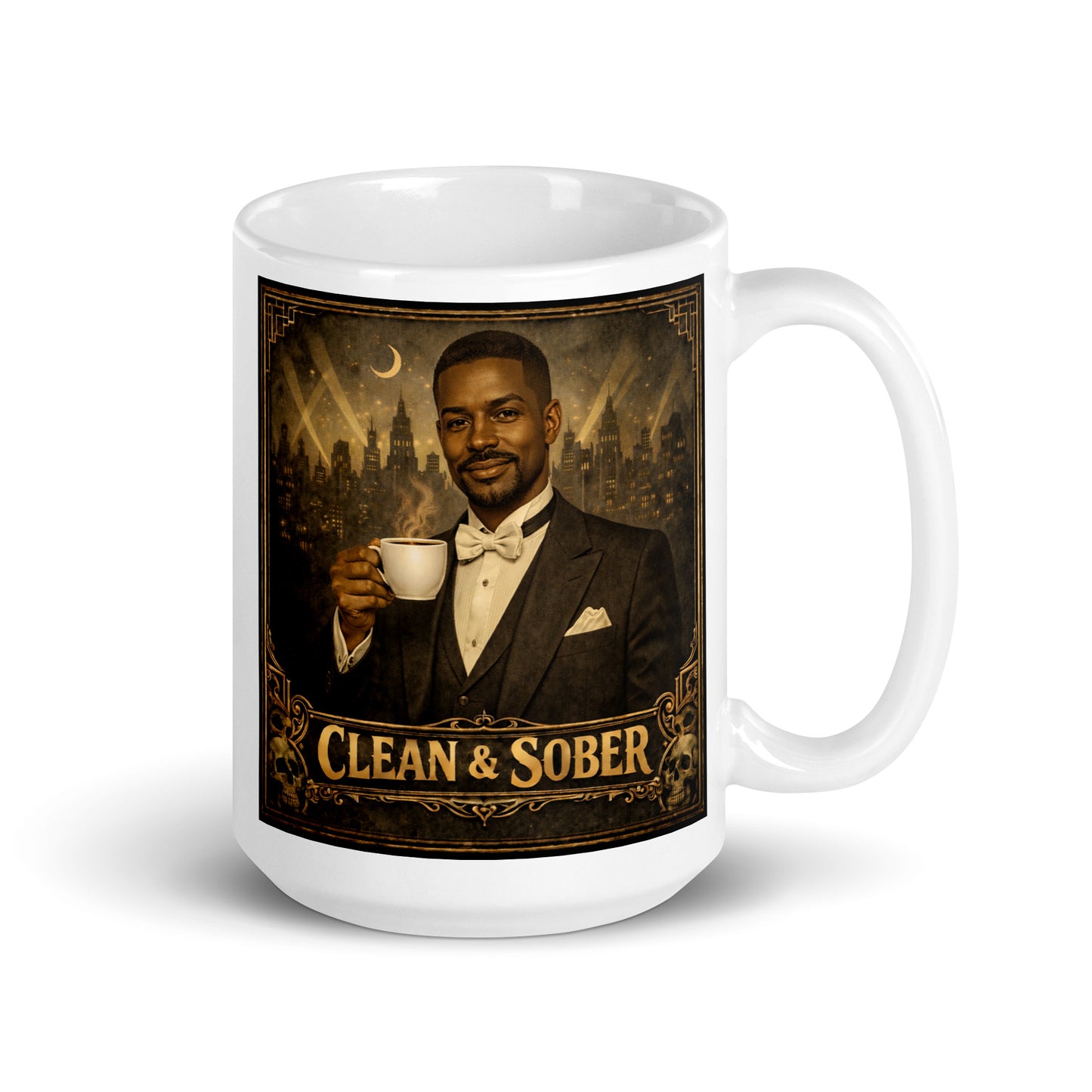 Lovely and intriguing Art Deco style coffee mug featuring a well-dressed Black man in a tuxedo and bow tie holding a steaming coffee cup against a moonlit jazz-age city skyline with gold "Clean & Sober" lettering and skull corner details