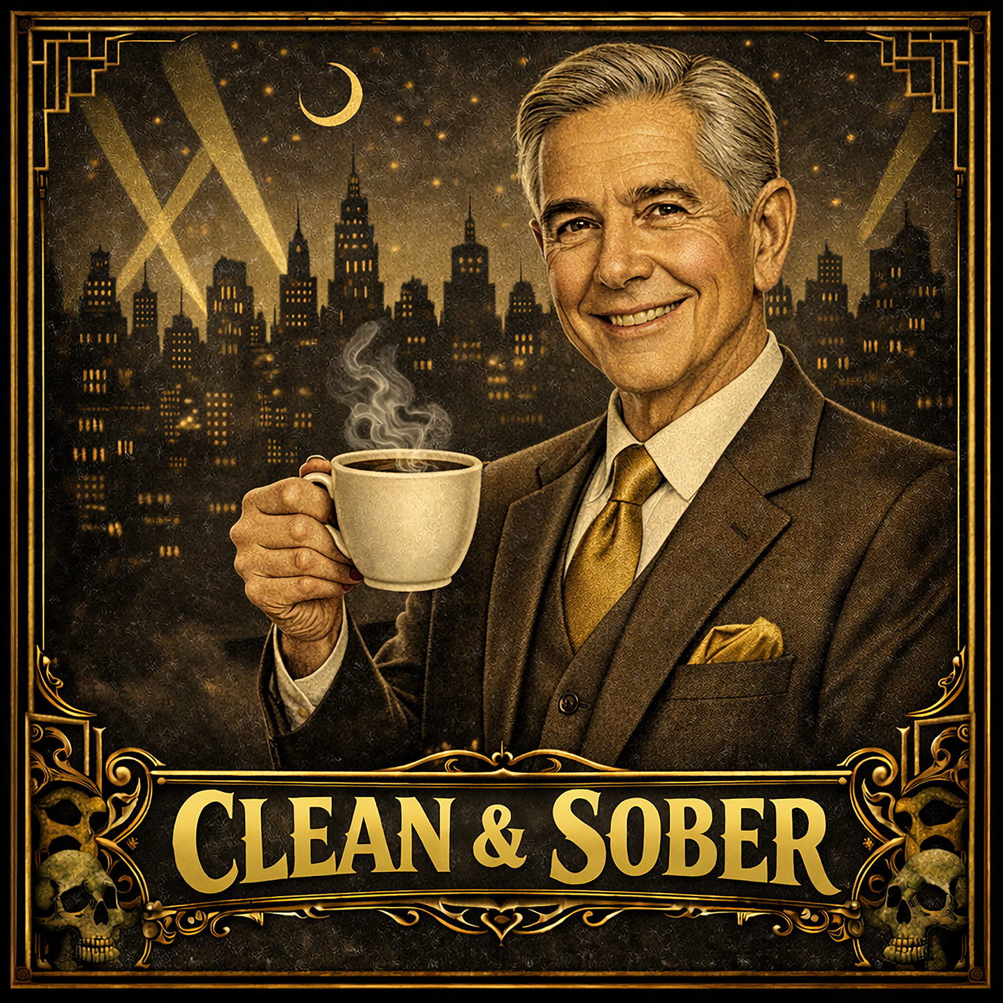Thumbnail of a Art Deco style coffee mug featuring a smiling silver-haired older man in a brown three-piece suit and gold tie holding a steaming coffee cup against a moonlit jazz-age city skyline with gold "Clean & Sober" lettering and skull corner details