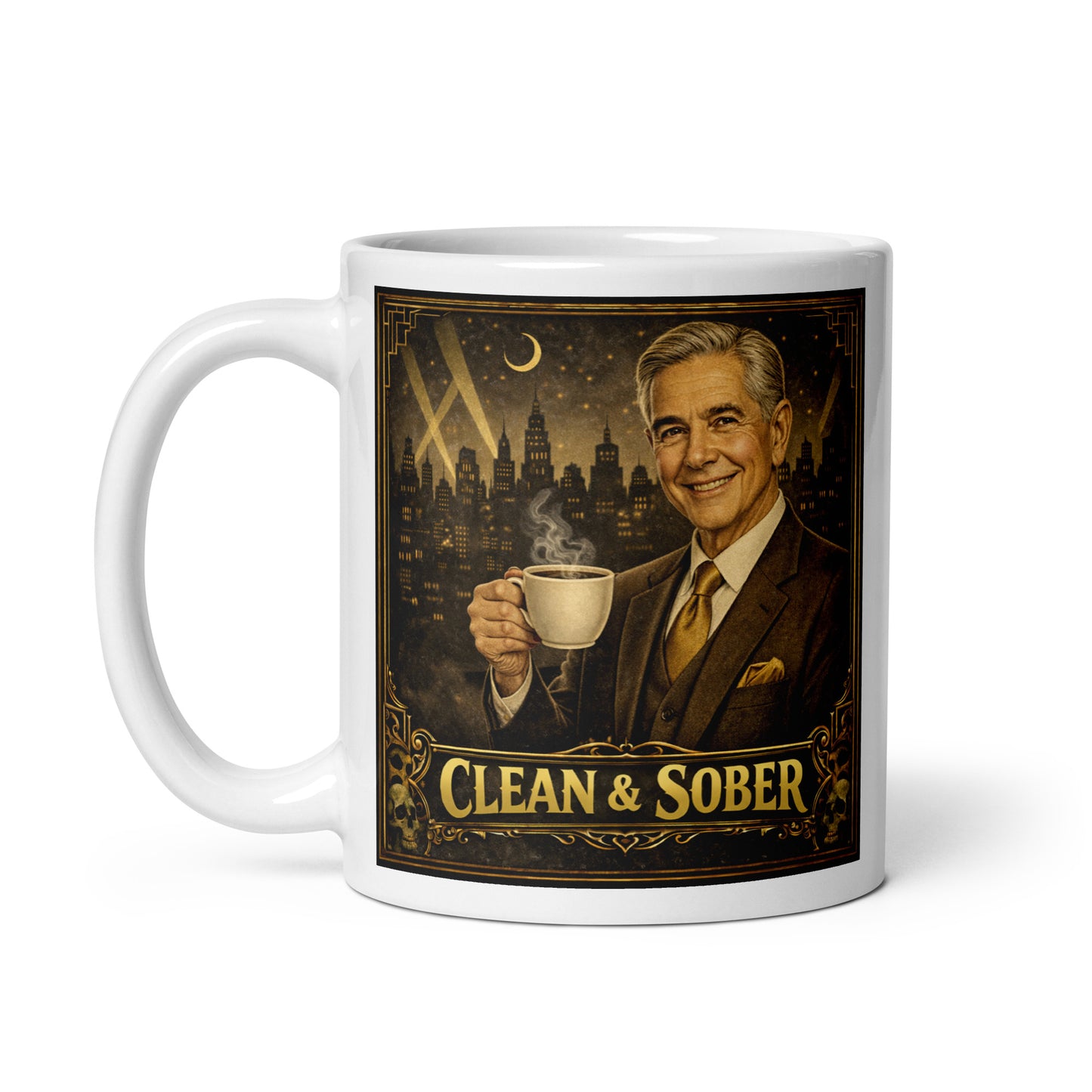 Beautiful and striking Art Deco style coffee mug featuring a smiling silver-haired older man in a brown three-piece suit and gold tie holding a steaming coffee cup against a moonlit jazz-age city skyline with gold "Clean & Sober" lettering and skull corner details