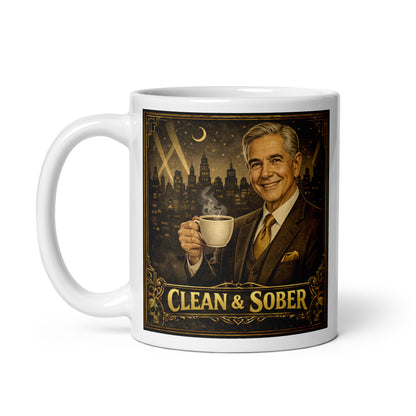 Beautiful and striking Art Deco style coffee mug featuring a smiling silver-haired older man in a brown three-piece suit and gold tie holding a steaming coffee cup against a moonlit jazz-age city skyline with gold "Clean & Sober" lettering and skull corner details