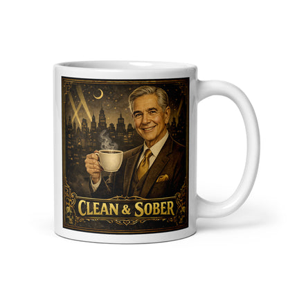 Art Deco style coffee mug featuring a smiling silver-haired older man in a brown three-piece suit and gold tie holding a steaming coffee cup against a moonlit jazz-age city skyline with gold "Clean & Sober" lettering and skull corner details