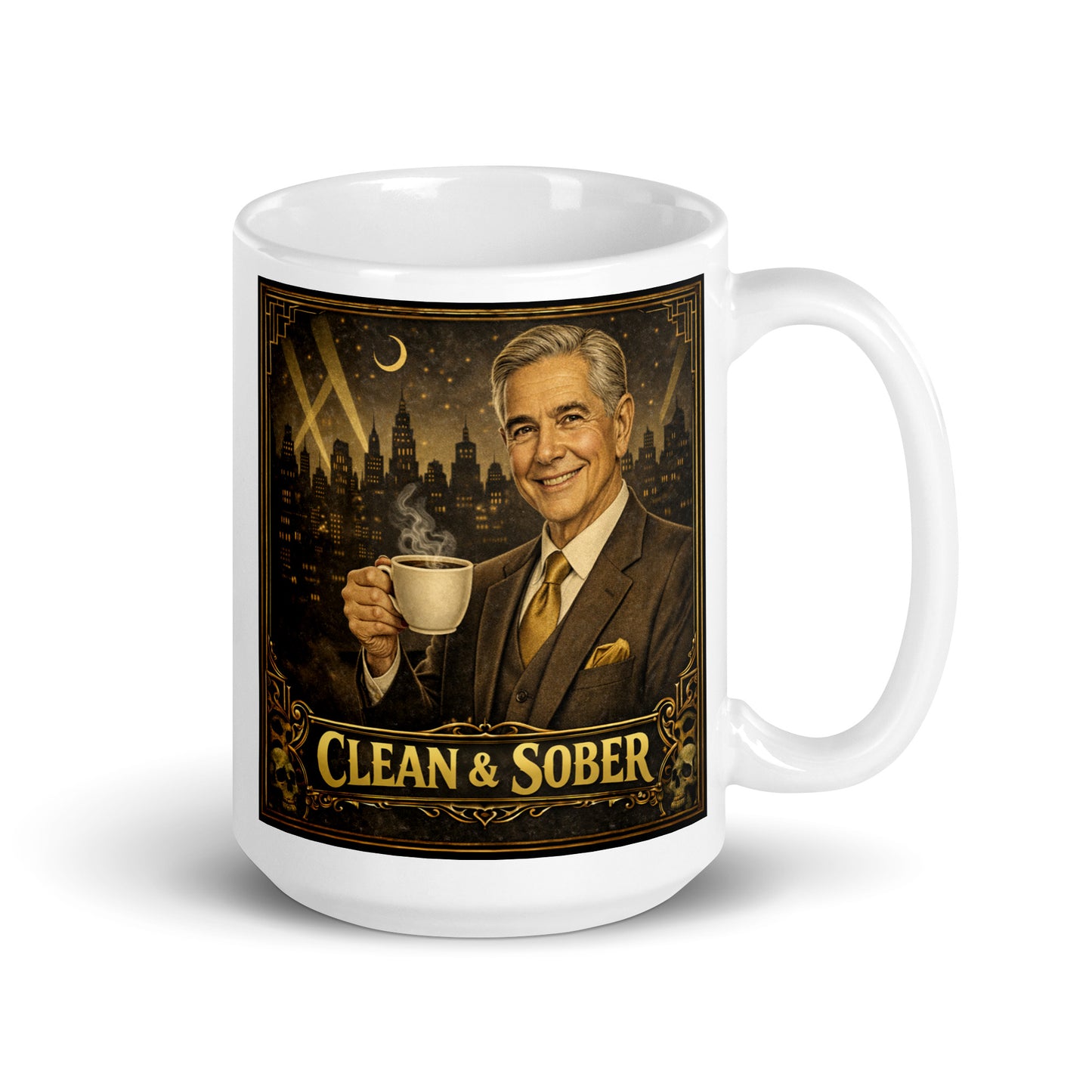 Colorful and lively Art Deco style coffee mug featuring a smiling silver-haired older man in a brown three-piece suit and gold tie holding a steaming coffee cup against a moonlit jazz-age city skyline with gold "Clean & Sober" lettering and skull corner details