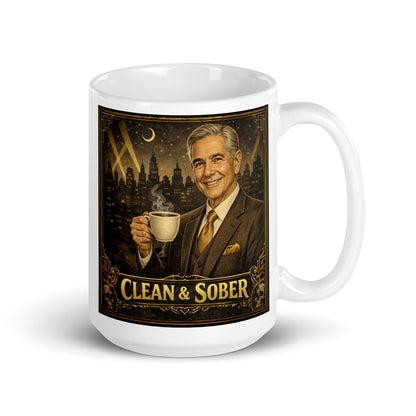 Colorful and lively Art Deco style coffee mug featuring a smiling silver-haired older man in a brown three-piece suit and gold tie holding a steaming coffee cup against a moonlit jazz-age city skyline with gold "Clean & Sober" lettering and skull corner details