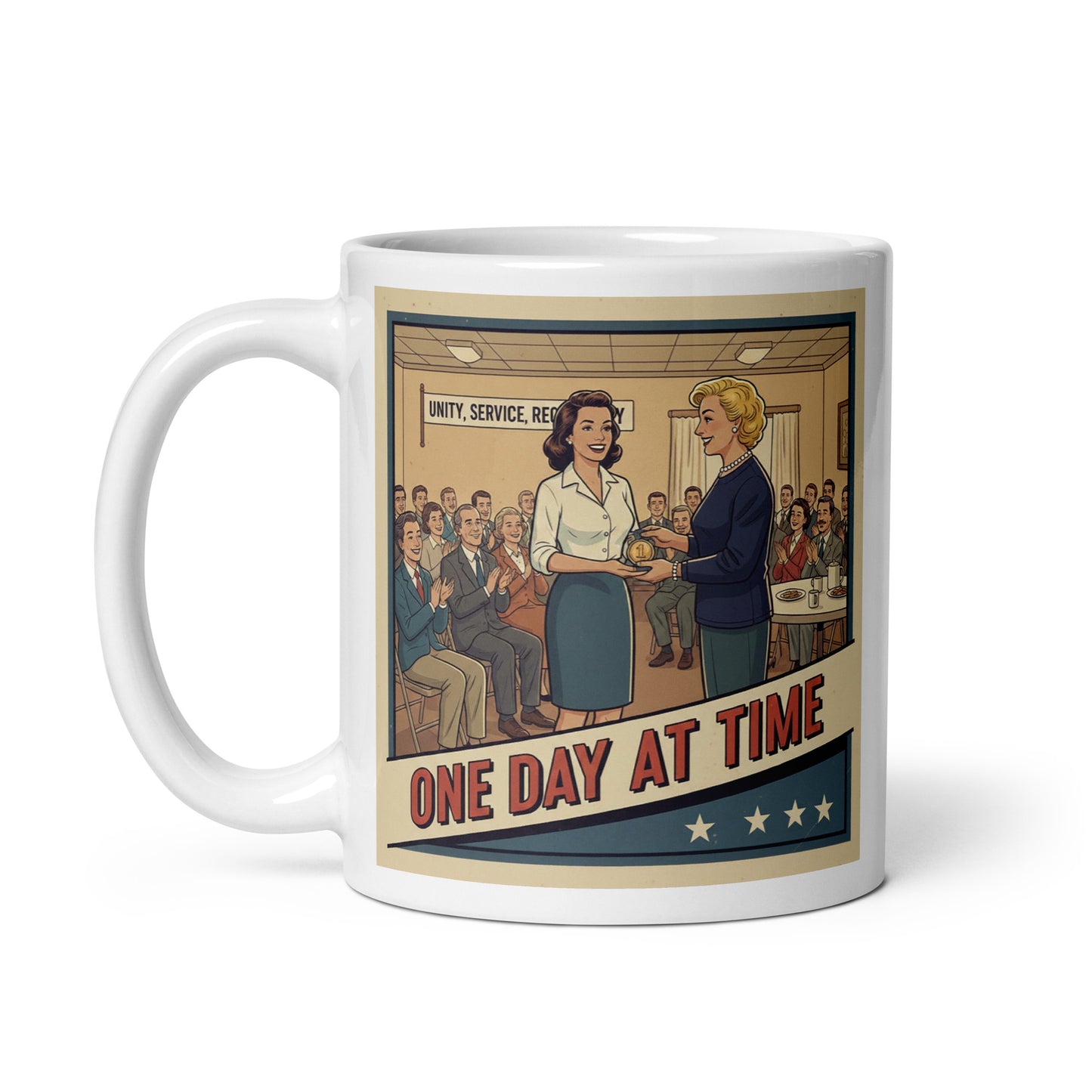 1940s retro sobriety coffee mug design featuring a happy woman receiving a one-year recovery medallion at a support meeting with “One Day at Time” vintage typography.