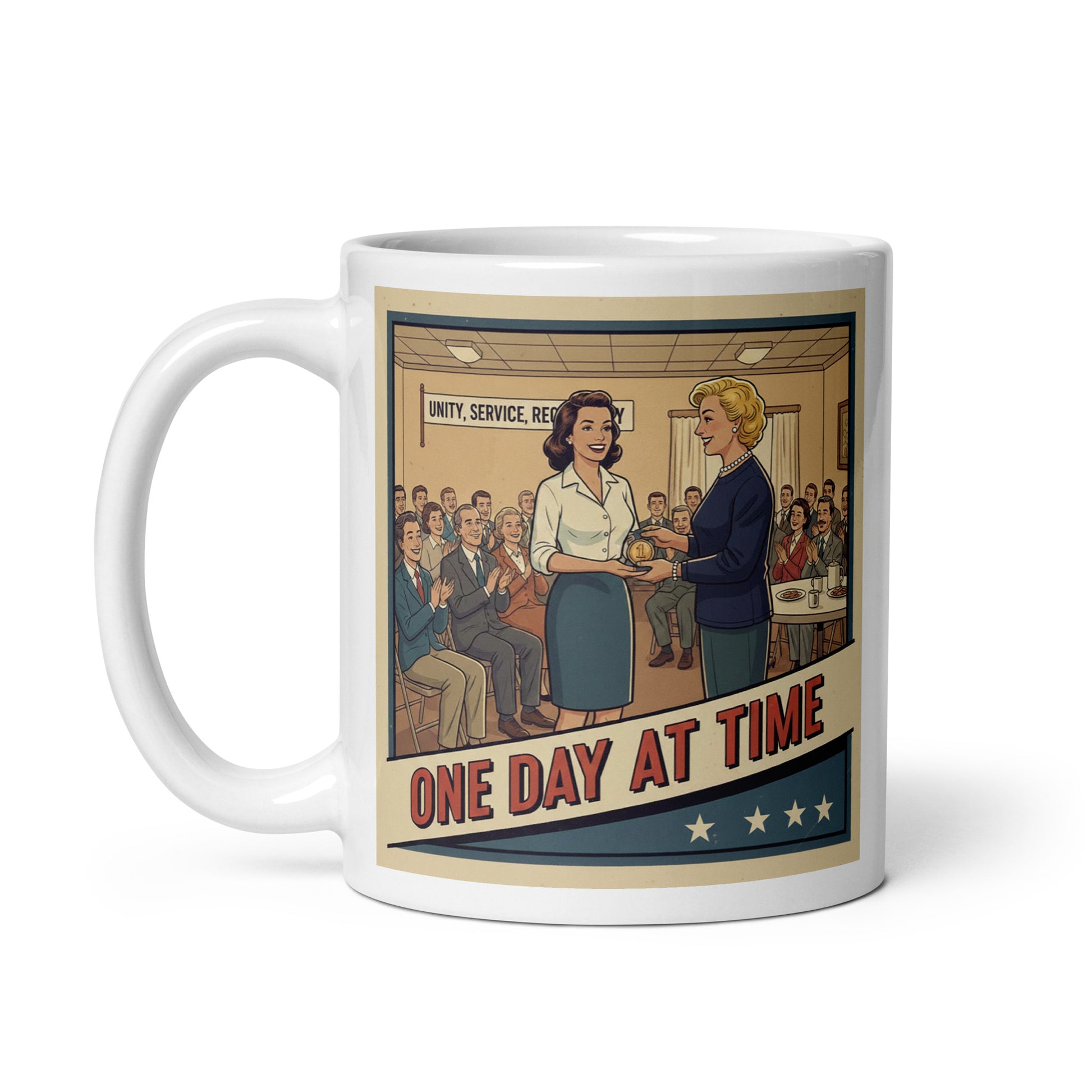 1940s retro sobriety coffee mug design featuring a happy woman receiving a one-year recovery medallion at a support meeting with “One Day at Time” vintage typography.