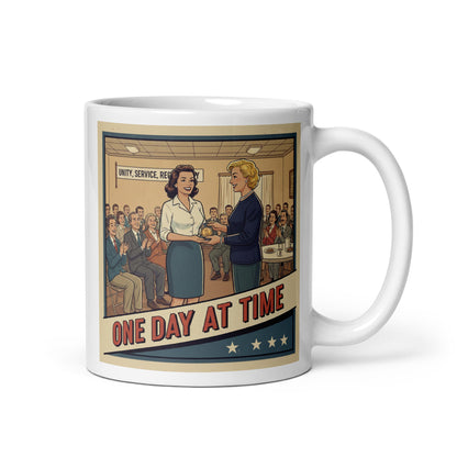 1940s retro sobriety coffee mug design featuring a woman receiving a one-year recovery medallion at a support meeting with “One Day at Time” vintage fashion and typography.