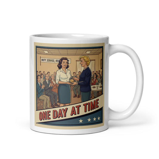 1940s retro sobriety coffee mug design featuring a woman receiving a one-year recovery medallion at a support meeting with “One Day at Time” vintage fashion and typography.