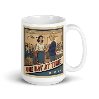 Classic 1940s retro sobriety coffee mug design featuring a woman receiving a one-year recovery medallion at a support meeting with “One Day at Time” vintage typography.