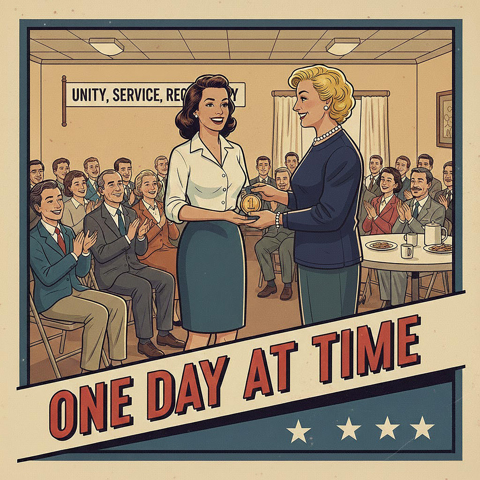 Thumbnail of a 1940s retro sobriety coffee mug design featuring a woman receiving a one-year recovery medallion at a support meeting with “One Day at Time” vintage typography.