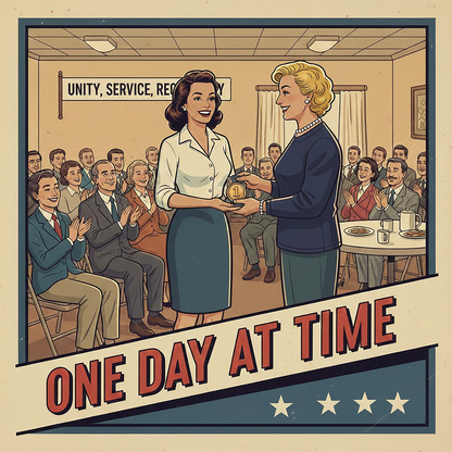 Thumbnail of a 1940s retro sobriety coffee mug design featuring a woman receiving a one-year recovery medallion at a support meeting with “One Day at Time” vintage typography.